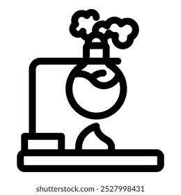 Simple bold vector icon representing a chemical experiment with a liquid being heated in a round bottom flask over fire