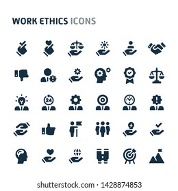 Simple Bold Vector Icons Related To Employment & Work Ethic. Symbols Such As Teamwork, Morality, Proficiency, Leadership And Empathy Are Included. Editable Vector, Still Looks Perfect In Small Size.