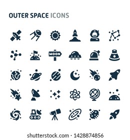 Simple bold vector icons related to galaxy and outer space. Symbols such as planets, stars and solar system are included in this set.  Editable vector, still looks perfect in small size.