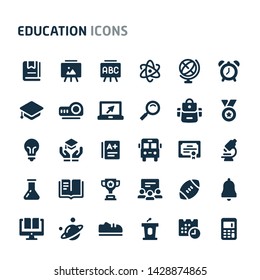 Simple bold vector icons related to school and education. Symbols such as stationery, school activities and equipment are included in this set.  Editable vector, still looks perfect in small size.