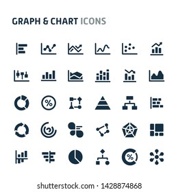 Simple bold vector icons related to graph & chart used in statistic and infographic. Symbols such as bar, line, pie, & scatter graphs are included. Editable vector, still looks perfect in small size.