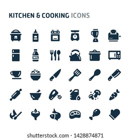 Simple bold vector icons related to kitchen and cooking. Symbols such as kitchen utensils, food and cuisine are included in this set.  Editable vector, still looks perfect in small size.