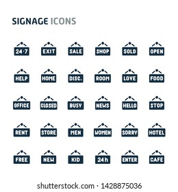 Simple bold vector icons related to wooden plank signage. Symbols such as wooden plank and signage with different texts are included in this set.  Editable vector, still looks perfect in small size.
