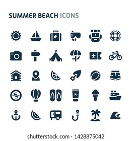 Simple Bold Vector Icons Related To Summer Vacation. Symbols Such As Beach And Summer Activity Are Included In This Set.  Editable Vector, Still Looks Perfect In Small Size.