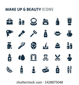 Simple bold vector icons related to make up and beauty. Symbols such as cosmetic, skin care and body treatment tool are included in this set.  Editable vector, still looks perfect in small size.