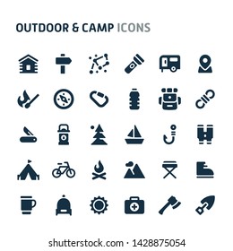 Simple bold vector icons related to outdoor activity and camp. Symbols such as outdoor equipment and activity are included in this set.  Editable vector, still looks perfect in small size.