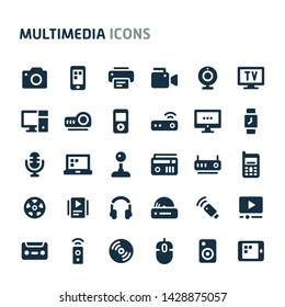 Simple bold vector icons related to multimedia. Symbols such as audio-video, telecommunication and entertainment device are included in this set. Editable vector, still looks perfect in small size.