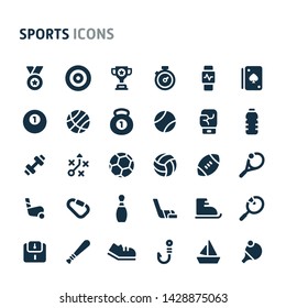 Simple bold vector icons related to sports. Symbols such as sport equipments are included in this set. Editable vector, still looks perfect in small size.