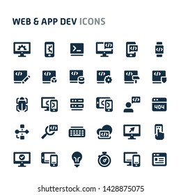 Simple bold vector icons related to web & app development. Symbols such as code editor, IDE, and other programming related items are included. Editable vector, still looks perfect in small size.