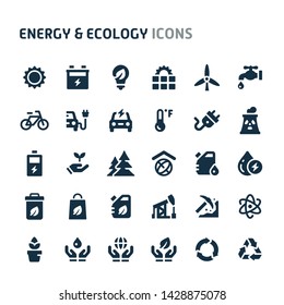 Simple bold vector icons related to energy and ecology. Symbols such as green and eco-friendly energy are included in this set.  Editable vector, still looks perfect in small size.