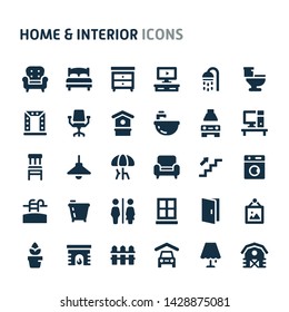 Simple bold vector icons related to home and interior. Symbols such as home furniture, types of room and home appliances are included in this set. Editable vector, still looks perfect in small size.