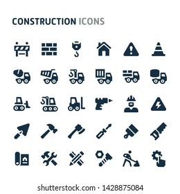 Simple bold vector icons related to construction. Symbols such as crane, working tools, transportation & construction equipments are included. Editable vector, still looks perfect in small size.