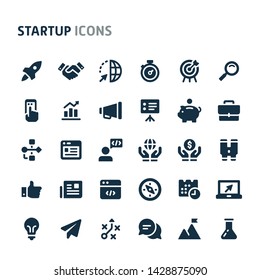 Simple bold vector icons related to start-up company. Symbols such as rocket, binocular and other start-up related items are included in this set.  Editable vector, still looks perfect in small size.
