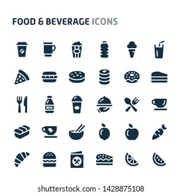 Simple bold vector icons related to foods and beverages. Symbols such as vegetables and snacks are included in this set. Editable vector, still looks perfect in small size.
