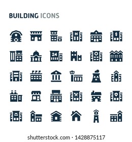 Simple bold vector icons related to buildings and architecture. Symbols such as residential, commercial, public and private buildings are included. Editable vector, still looks perfect in small size.