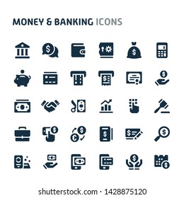 Simple bold vector icons related to money and banking. Symbols such as money, banking and financial are included in this set.  Editable vector, still looks perfect in small size.