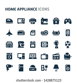 Simple bold vector icons related to home electronic machines. Symbols such as cooking, cleaning and food preservation are included in this set. Editable vector, still looks perfect in small size.