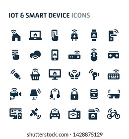 Simple bold vector icons related to internet of things (IoT). Symbols such as gadget that connect & interact with other smart devices are included. Editable vector, still looks perfect in small size.
