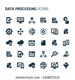 Simple bold vector icons related to data processing. Symbols such as data manipulation, data conversion & data filtration are included in this set. Editable vector, still looks perfect in small size.