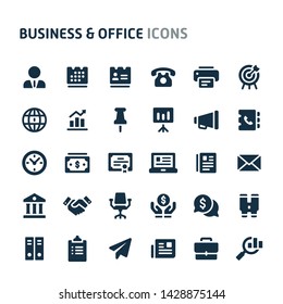 Simple bold vector icons related to business, professional & office. Symbols such as office equipment & business related are included in this set. Editable vector, still looks perfect in small size.