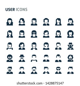 Simple bold vector icons related to users, profile picture & profession. Symbols such as users with different types of clothes & hair are included. Editable vector, still looks perfect in small size.