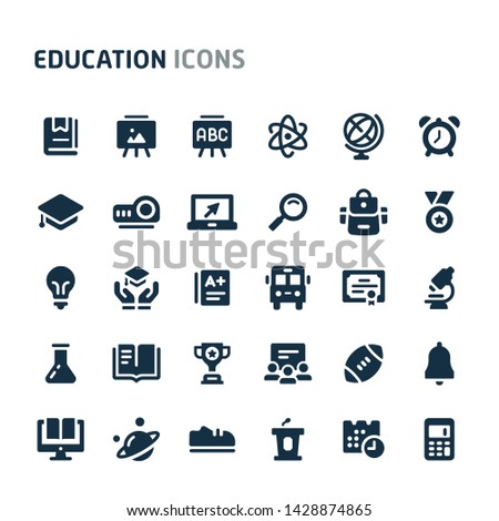 Simple bold vector icons related to school and education. Symbols such as stationery, school activities and equipment are included in this set.  Editable vector, still looks perfect in small size.