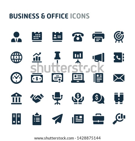 Simple bold vector icons related to business, professional & office. Symbols such as office equipment & business related are included in this set. Editable vector, still looks perfect in small size.