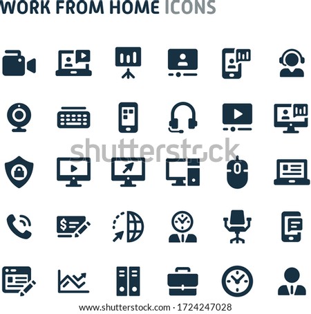Simple bold vector icons related to related to work from home order. Various activity during work from home order are included in this set. still looks perfect in small size. Fillio black series.