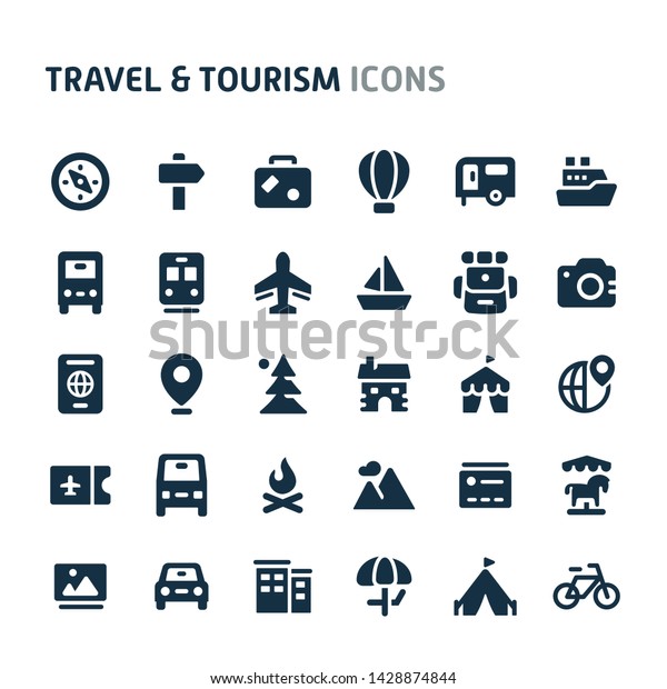 Simple bold vector icons related to travel and\
tourism. Symbols such as accommodation, transportation and tourism\
sites are included in this set. Editable vector, still looks\
perfect in small size.
