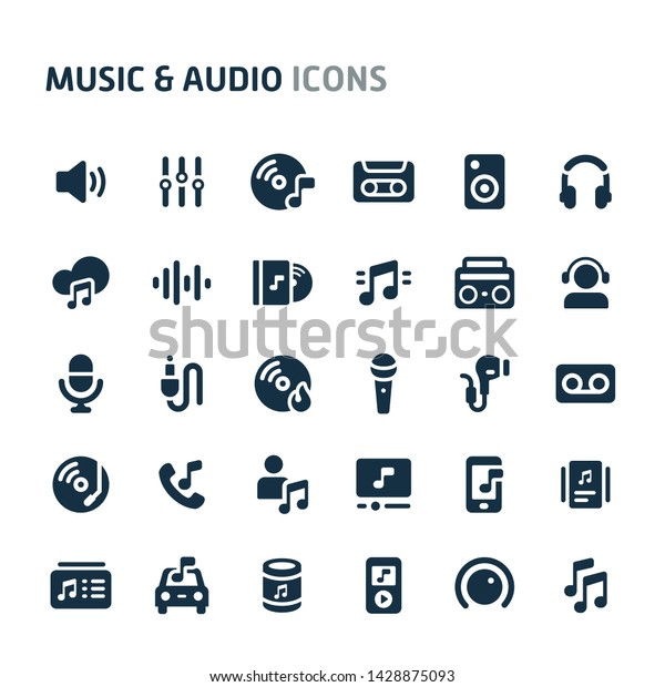 Simple bold\
vector icons related to music and audio. Symbols such as\
instrument, audio equipment and audio device are included. Editable\
vector, still looks perfect in small\
size.
