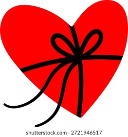 Ilustración vectorial simple y audaz de un corazón rojo brillante envuelto con una cinta negra atada en un lazo. El corazón se asemeja a un regalo, simbolizando el amor, el cuidado, el romance y la celebración. Perfecto para diseños de San Valentín, gráficos de bodas, tarjetas de felicitación, embalaje de regalo, pegatinas, carteles, marca romántica, imágenes de redes sociales y Elementos decorativos.