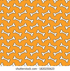 Simple bone doodle seamless pattern, black and white on orange background. Hand drawn vector illustration. Line art. Design concept for dog lovers. Trendy fashion print, wallpaper, wrapping paper.