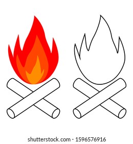 simple bonfire icon burning logs, vector campfire balefire, smudge