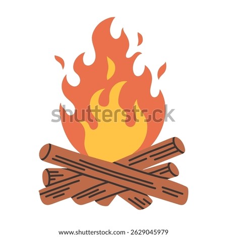 Simple bonfire. Vector illustration of a wood fire. Fire, flame, campfire on a white background. The campfire illustration is suitable for designs on the theme of summer camp, hiking and picnics.