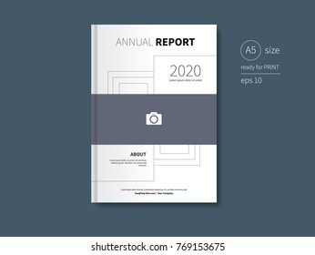 Simple book cover layout with geometric lines and place for photo in the center. Elegant presentation material. Business graphic design.
