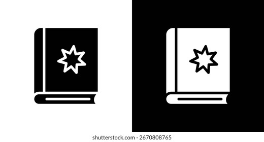 Ícone de livro simples com um design de estrela, apresentado em fundos brancos e pretos. Ideal para design de aplicativo ou uso de site.