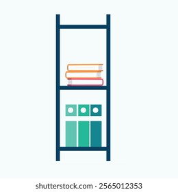 A simple bookshelf with two shelves, featuring three books stacked horizontally on the top shelf and three teal and green binders standing vertically on the bottom shelf