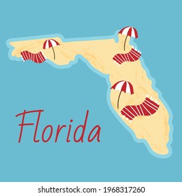 Simple border map of Florida - sothern state on USA. Some beach umbrellas and towels. Land with textured background and orange lettering