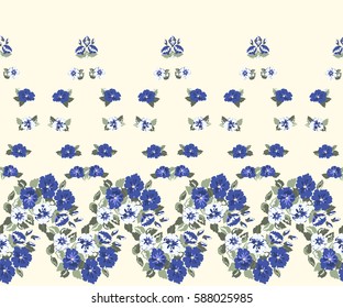 Simple border in small-scale cute blue flowers. Millefleurs. Floral seamless background for home textile, woman dress, book covers, manufacturing, wallpapers,  gift wrap and scrapbooking. Satin print.