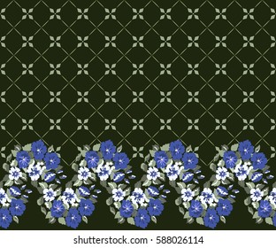 Simple border in small-scale cute flowers. Millefleurs. Floral seamless dark background for home textile, woman dress, book covers, manufacturing, wallpapers,  gift wrap and scrapbooking. Satin print.