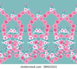 Simple border in small-scale cute flowers. Millefleurs. Floral seamless aqua background for home textile, woman dress, book covers, manufacturing, wallpapers, gift wrap and scrapbooking. Satin print.