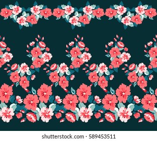 Simple border in small-scale cute flowers. Millefleurs. Floral seamless background for home textile, woman dress, book covers, manufacturing, wallpapers, gift wrap and scrapbooking. Satin print.