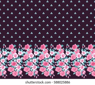 Simple border in small-scale cute pink flowers. Millefleurs. Floral seamless background for home textile, woman dress, book covers, manufacturing, wallpapers,  gift wrap and scrapbooking. Satin print.