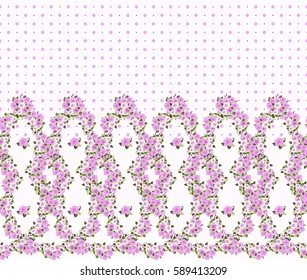 Simple border in small-scale cute purple flowers. Millefleurs. Floral seamless background for home textile, woman dress, book covers, manufacturing, wallpapers, gift wrap and scrapbooking. Satin print