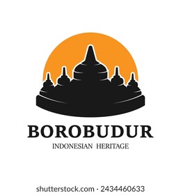 Simple Borobudur Temple Logo Vector Design, Stupa of Borobudur Stone Temple Indonesian Heritage Silhouette Logo Design