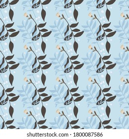 Simple botanic seamless pattern with brown and blue forest branches. Foliage silhouettes on sky blue color background. Designed for wallpaper, textile, wrapping, fabric print. Vector illustration.