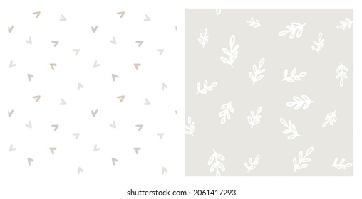 Simple botanical baby girl neutral non directional seamless pattern set. Tiny hearts and leaves for infant clothing or home decor fabric print. Abstract hand drawn foliage and love symbol.