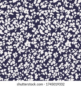 Sencillo fondo botánico. La naturaleza adorno. Patrón sin foco hecho de brotes de flores lisas. Glade de pequeñas y modestas margaritas. Ilustración plana de moda. Aplicación de moda, textil y de tela.