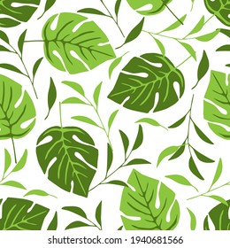 Simple botanical color vector seamless pattern for summer design. Green leaves of monstera on a white background. For fabric prints, textile products, beachwear.
