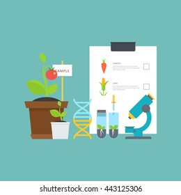 Simple botanical concept with vials, seedlings, plants, a microscope, a DNA molecule. Breeding and agriculture. Perfect for agricultural or scientific brochures, infographic, other materials.